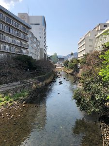 Tall buildings line both sides of the river with trees along the banks.